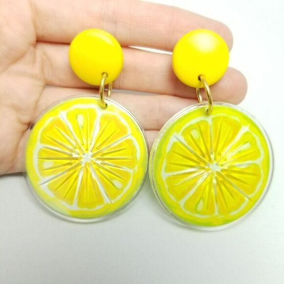 Vintage Lime Slice Dangle Stud Earrings, Plastic Lightweight Summer Citrus - Picture 1 of 6